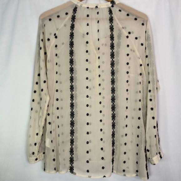 Democracy Sheer Cream Blouse with Black Long Sleeve Embroidery Size M - Picture 8 of 12